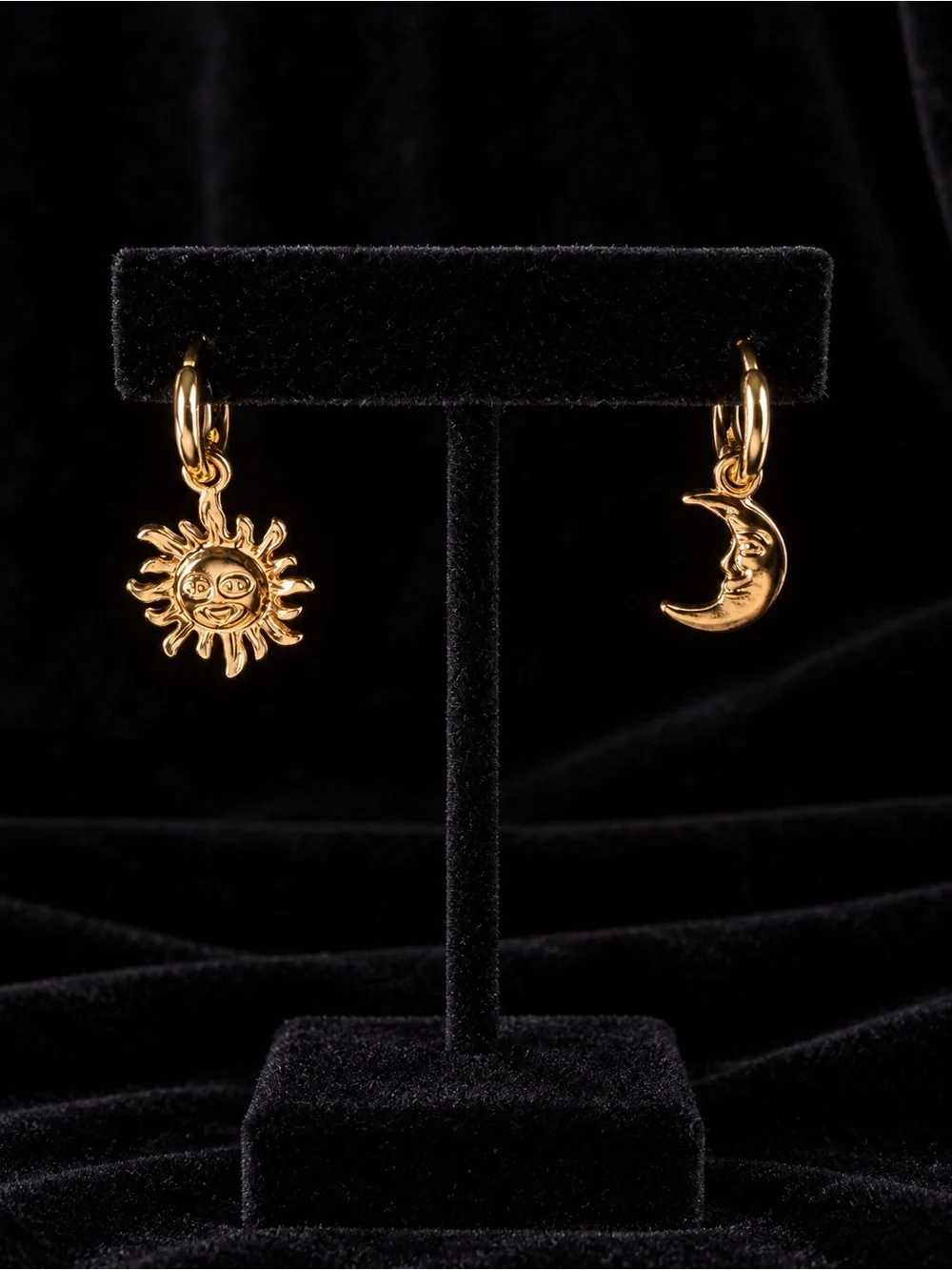 Gold Sun and Crescent Moon Charm Hoop Earrings